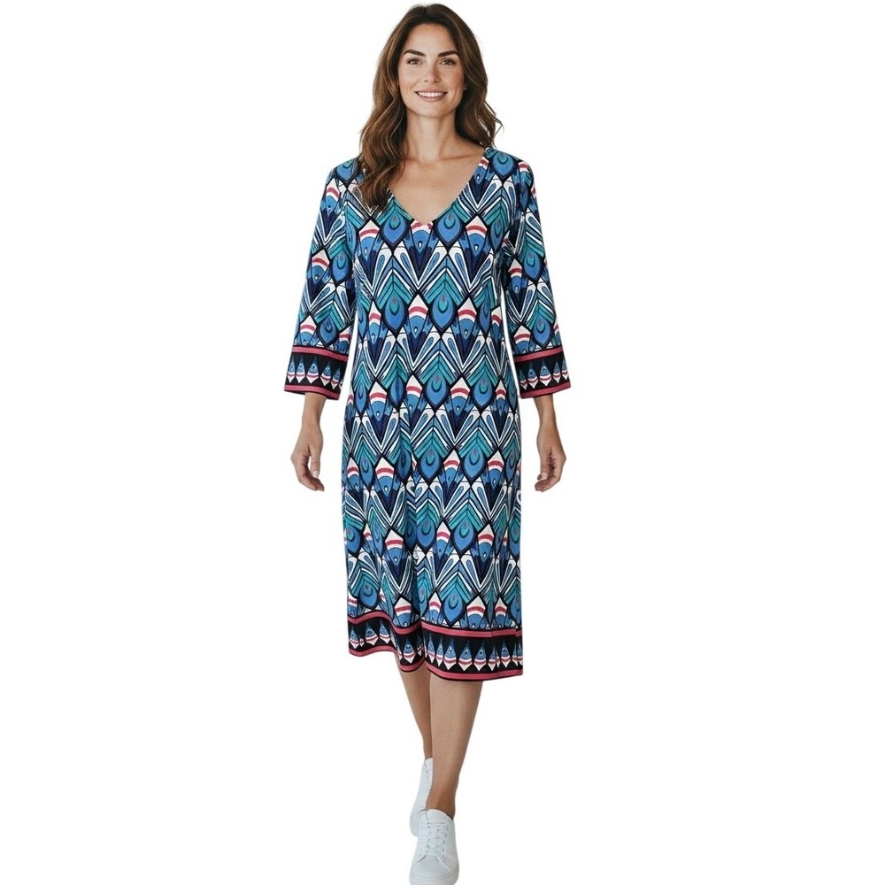 TRACY NEGOSHIAN Shift Dress Sz L Blue Stretch Peacock Travel Stretch Office Work